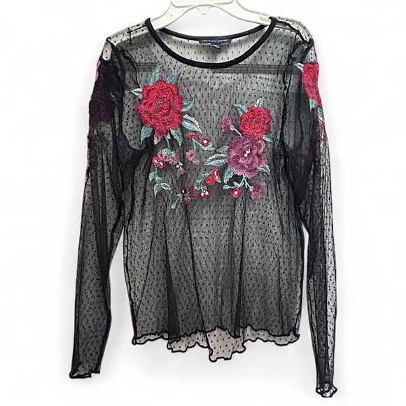 American Eagle Women's Fairy Grunge Black Polka Dot Sheer Mesh Embroidered Top - Picture 1 of 8